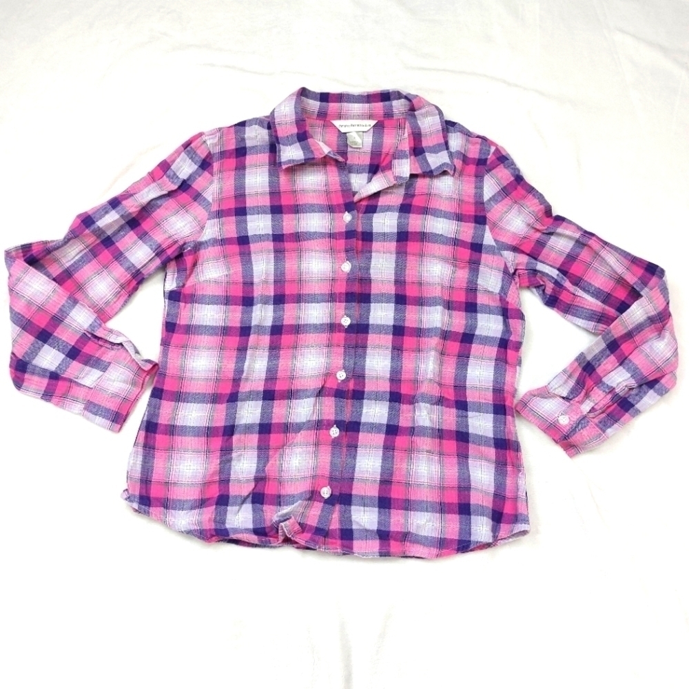 CHRISTOPHER AND BANKS WOMEN'S PINK AND PURPLE PLAID BUTTON DOWN SHIRT SIZE SMALL